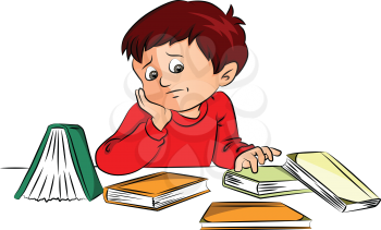 Vector illustration of bored little boy with books on desk.