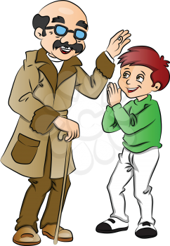 Vector illustration of happy old man blessing a cute little boy.
