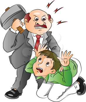 Vector illustration of aggressive boss hitting his employee.