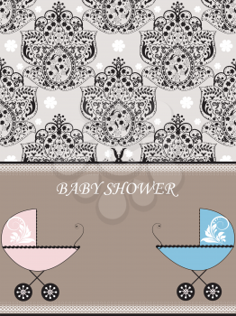Vintage baby shower invitation card with ornate elegant abstract floral design, black on gray with pink and blue baby carriages. Vector illustration.