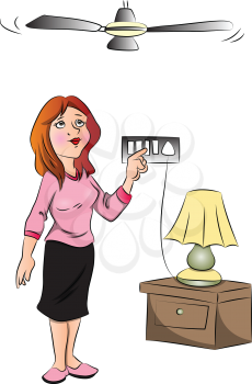 Vector illustration of woman turning on electric fan.