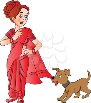 Vector illustration of woman telling cute puppy to leave her saree.