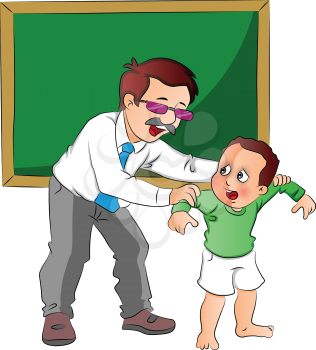 Vector illustration of school teacher scolding little boy in classroom.
