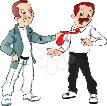 Vector of angry man threatening businessman, pulling his tie.
