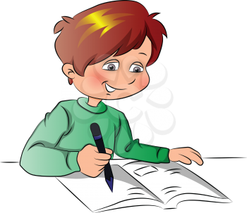 Vector illustration of happy schoolboy writing in book.