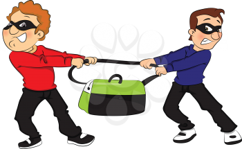 Vector illustration of two thieves pulling a stolen bag in opposite direction.
