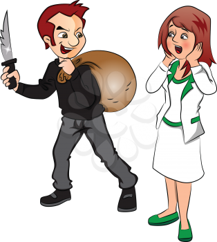Vector illustration of burglar threatening a scared woman with knife.