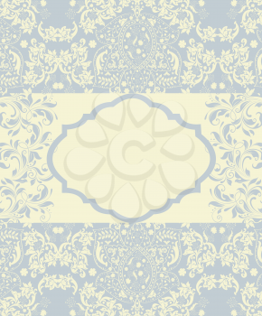 Vintage invitation card with ornate elegant abstract floral design, pale blue and pale yellow. Vector illustration.
