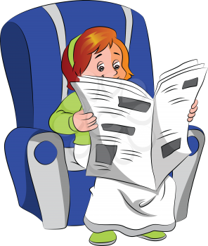Vector illustration of woman reading newspaper on armchair.