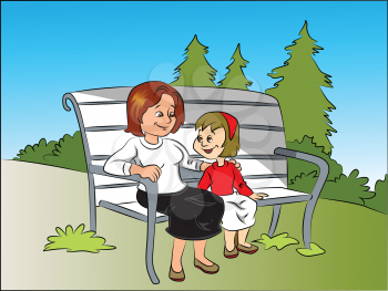 Vector illustration of happy mother and daughter relaxing on bench at park.
