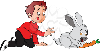Vector illustration of boy sticking out tongue and hungrily looking at rabbit eating carrot.