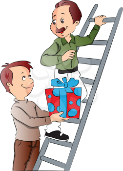 Vector illustration of boy giving gift to his father who his climbing ladder.