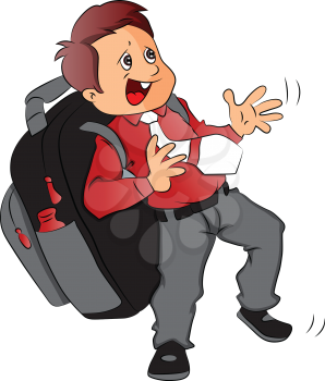 Vector of schoolboy struggling to carry heavy and oversized schoolbag.