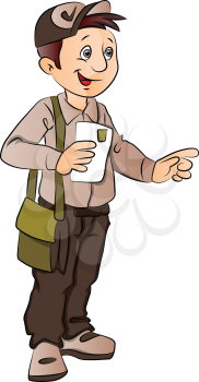Vector illustration of postman holding a letter and pointing.