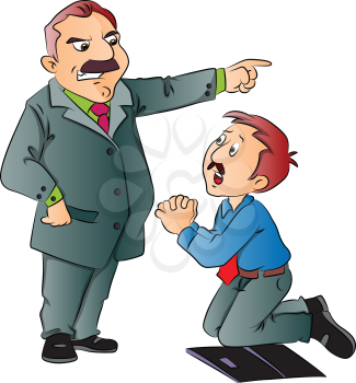 Vector illustration of junior executive begging for work in front of his boss.