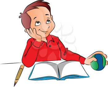 Vector illustration of a happy boy dreaming with ball, book and pencil on desk.