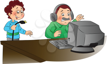 Vector illustration of man angrily looking at computer while naughty boy has unplugged the system.