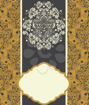 Vintage invitation card with ornate elegant abstract floral design, gray and pale yellow on brown. Vector illustration.