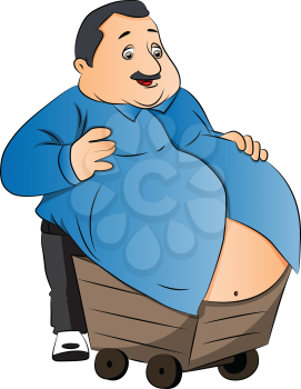 Vector illustration of an obese man carrying his fat stomach on wheelcart.