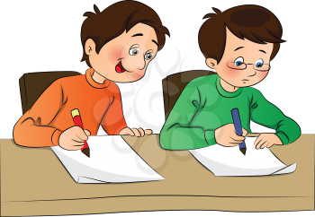 Vector illustration of boy copying from other student's paper during examination.