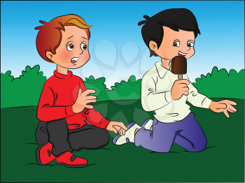 Vector illustration of a boy teasing his friend for ice cream.