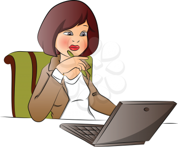 Vector illustration of businesswoman working on laptop at office.