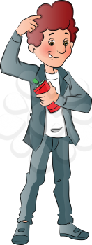 Vector illustration of a stylish and happy man spraying perfume underarms.