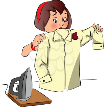Vector illustration of shocked woman looking shirt burnt while ironing..