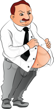 Vector illustration of sad man unable to button his shirt on his fat belly.