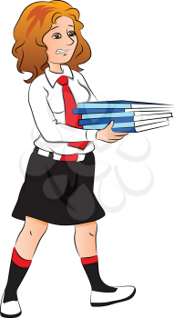 Vector illustration of unhappy schoolgirl holding stack of books.