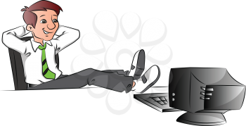 Vector illustration of happy and successful businessman relaxing in office with legs on computer table.