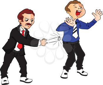 Vector illustration of angry boss hitting scared employee at office.