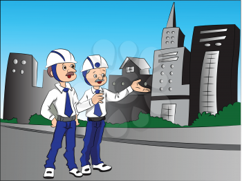 Vector illustration of a building contractor pointing something out on site to his partner.