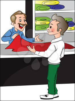 Vector illustration of clothes shopkeeper helping customer to choose clothes.