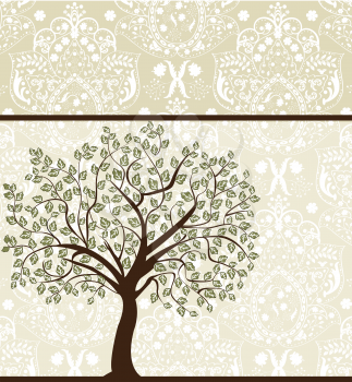 Vintage invitation card with ornate elegant abstract floral tree design, brown and white on gray. Vector illustration.