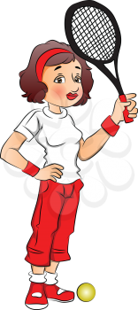 Vector illustration of exhausted girl holding tennis racquet.