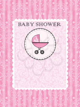 Vintage baby shower invitation card with ornate elegant abstract floral design, pink stripes with baby carriage on cake. Vector illustration.