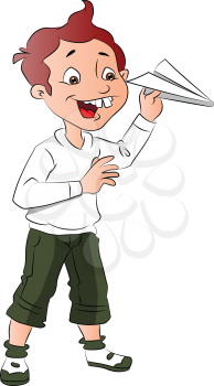 Vector illustration of happy boy playing with paper rocket.