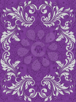 Vintage invitation card with ornate elegant abstract floral design, white on royal purple. Vector illustration.