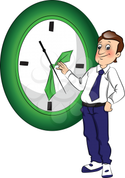 Vector illustration of businessman showing clock, time management concept.