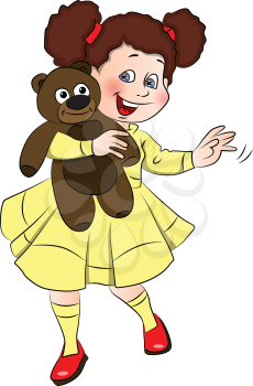 Vector illustration of little girl holding her teddy bear.