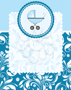 Vintage baby shower invitation card with ornate elegant retro abstract floral design, white on brown and pale blue with baby carriage on cake. Vector illustration.