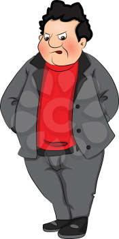 Vector illustration of an angry fat man with hands behind back.