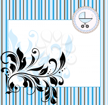Vintage baby shower invitation card with ornate elegant retro abstract floral design, black on stripes with pale blue baby carriage on cake. Vector illustration.