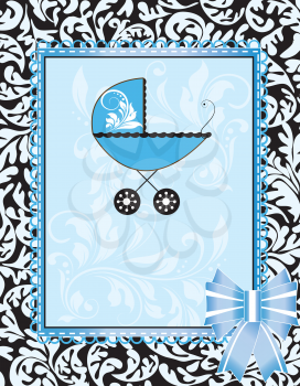 Vintage baby shower invitation card with ornate elegant abstract floral design, light blue on black with baby carriage, frame and ribbon. Vector illustration.