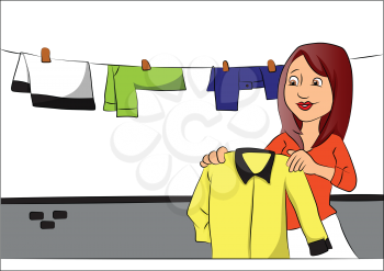 Vector illustration of woman hanging clothes to dry on clothesline.