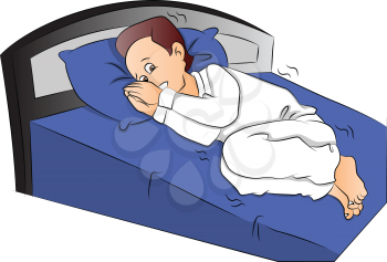Vector illustration of frightened boy in bed.