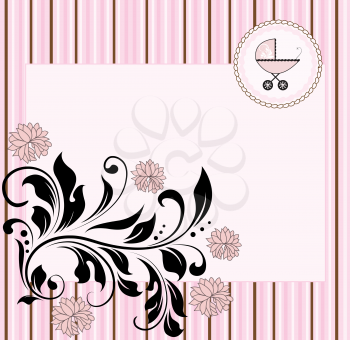 Vintage baby shower invitation card with ornate elegant abstract floral design, pink and black flowers on stripes with baby carriage on cake. Vector illustration.