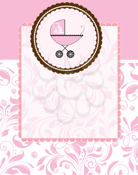 Vintage baby shower invitation card with ornate elegant abstract floral design, pink flowers on brown with baby carriage on cake. Vector illustration.