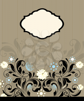 Vintage invitation card with ornate elegant abstract floral design, light yellow and blue flowers on brown with stripes. Vector illustration.